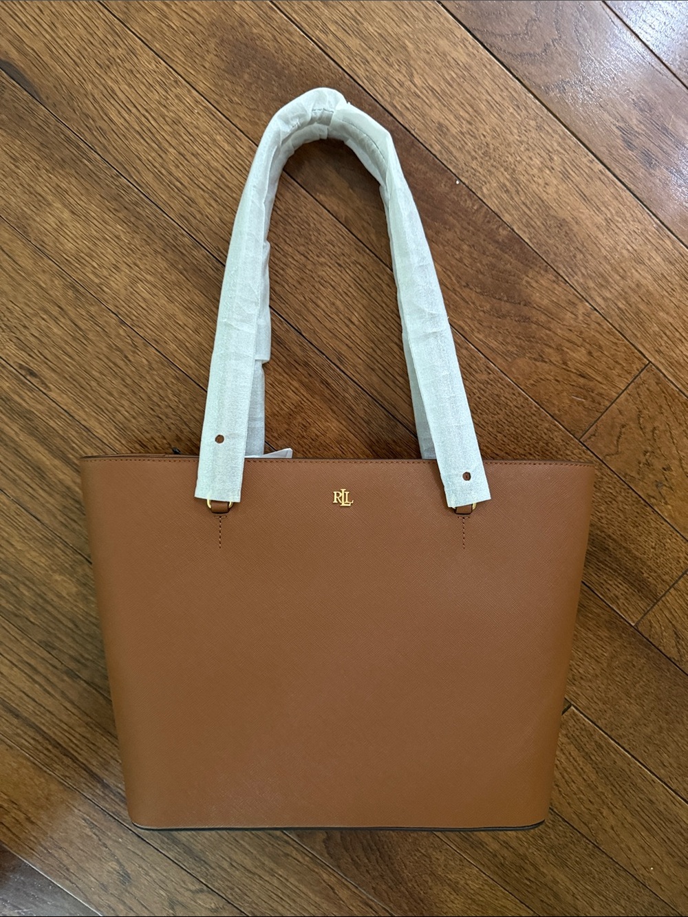 Ralph Lauren Cognac Saffiano Leather Tote with Gold RL Logo